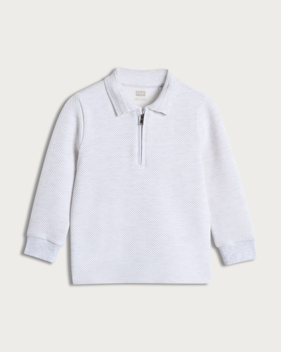 image 1 of F&F Boys Cotton Blend Textured Half Zip Polo Top in Grey