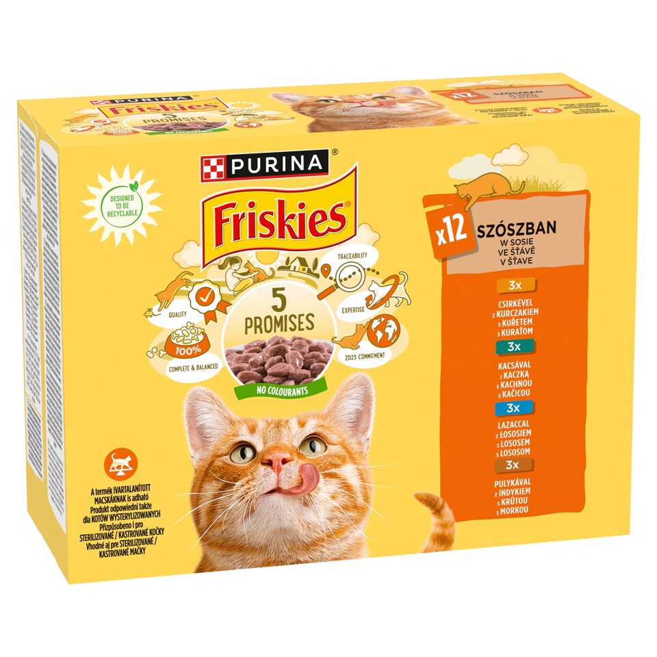 obrázok 1 z PURINA FRISKIES multipack s kuraťom, lososom, kačicou, morkou v šťave 12 x 85 g