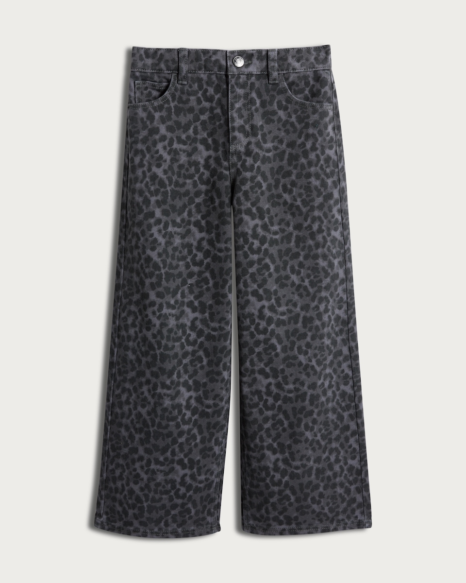 image 1 of F&F Girls Pure Cotton Leopard Print Wide Leg Jeans in Grey