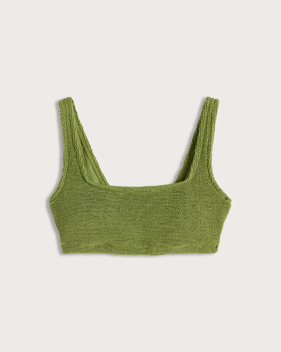 image 1 of F&F Crinkle Textured Scoop Neck Bikini Top in Green