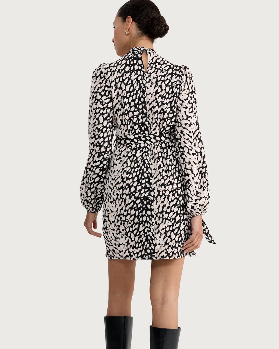 image 1 of F&F Abstract Print Tie Waist Long Sleeved Mini Dress in Multi Black White