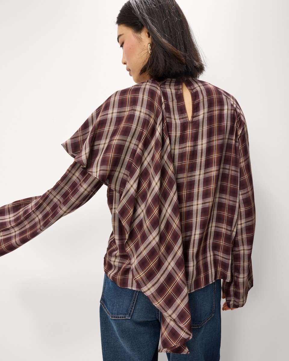 image 1 of F&F Checked Cape Detail Blouse in Burgundy