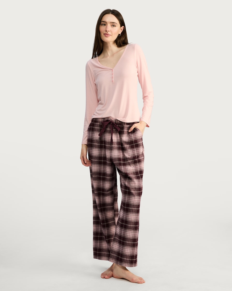 image 1 of F&F Ribbed Flannel Henley Top and Check Pyjama Set in Multi Pink