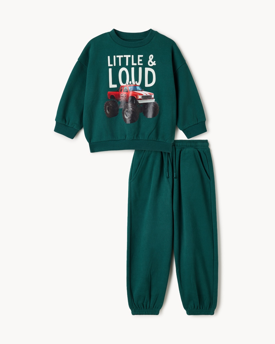 image 1 of F&F Boys Cotton Rich Vehicle Print Sweatshirt and Joggers Set in Green