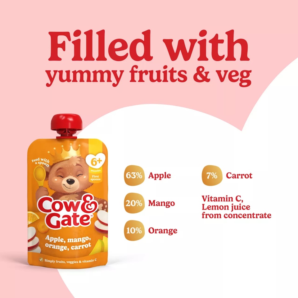 image 1 of Cow & Gate Fruit Pouch Apple Mango Orange & Carrot Baby Food 6+ Months 100g