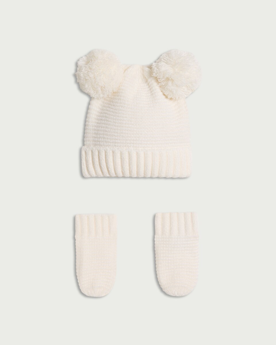 F&F Baby Knitted Pom Pom Hat and Mittens Set in Cream
