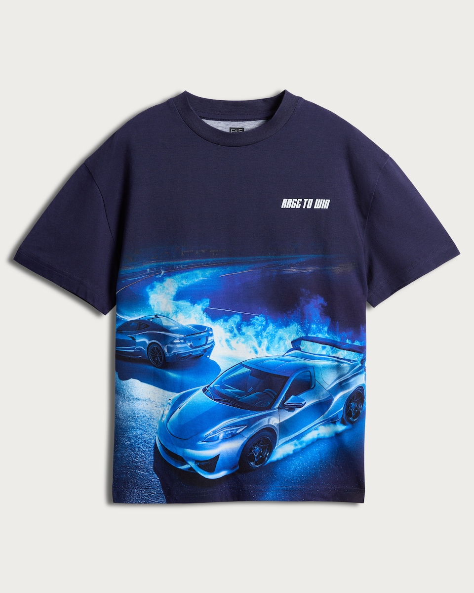 image 1 of F&F Pure Cotton Rage to Win Car Print T-Shirt in Black