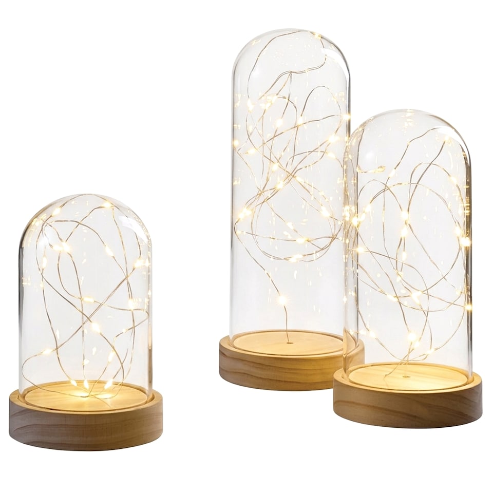 image 1 of Christmas Workshop Glass Dome Jars with Fairy String Lights Set Of 3