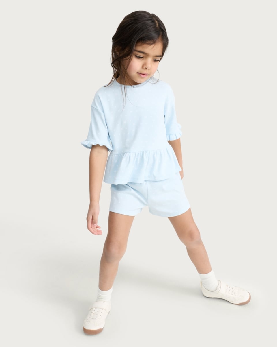 image 1 of F&F Girls 2-Piece Cotton Rich Floral Frill Sleeved T-Shirt and Shorts Set in Blue