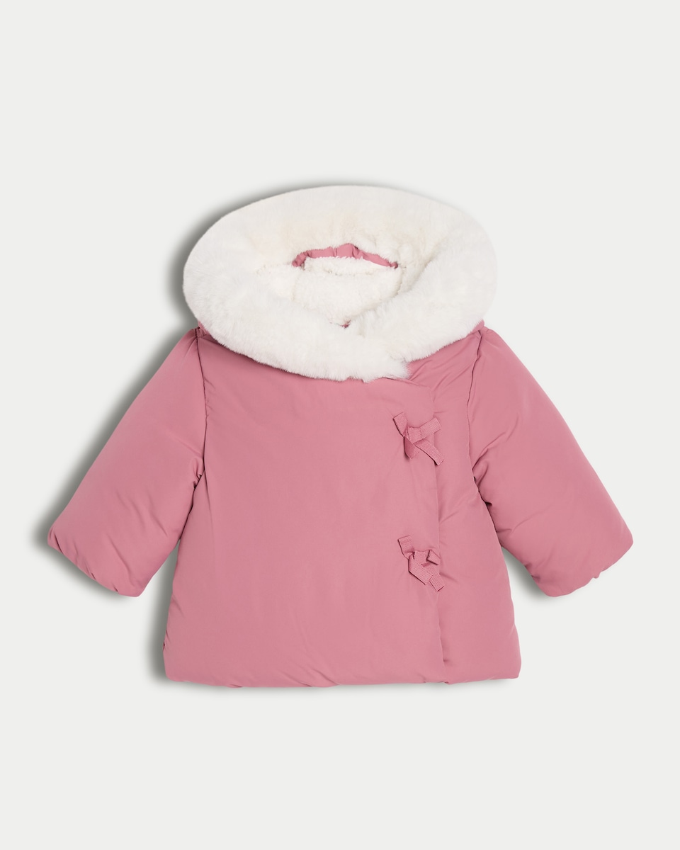 image 1 of F&F Baby Bow Detail Hooded Wrap Coat in Pink