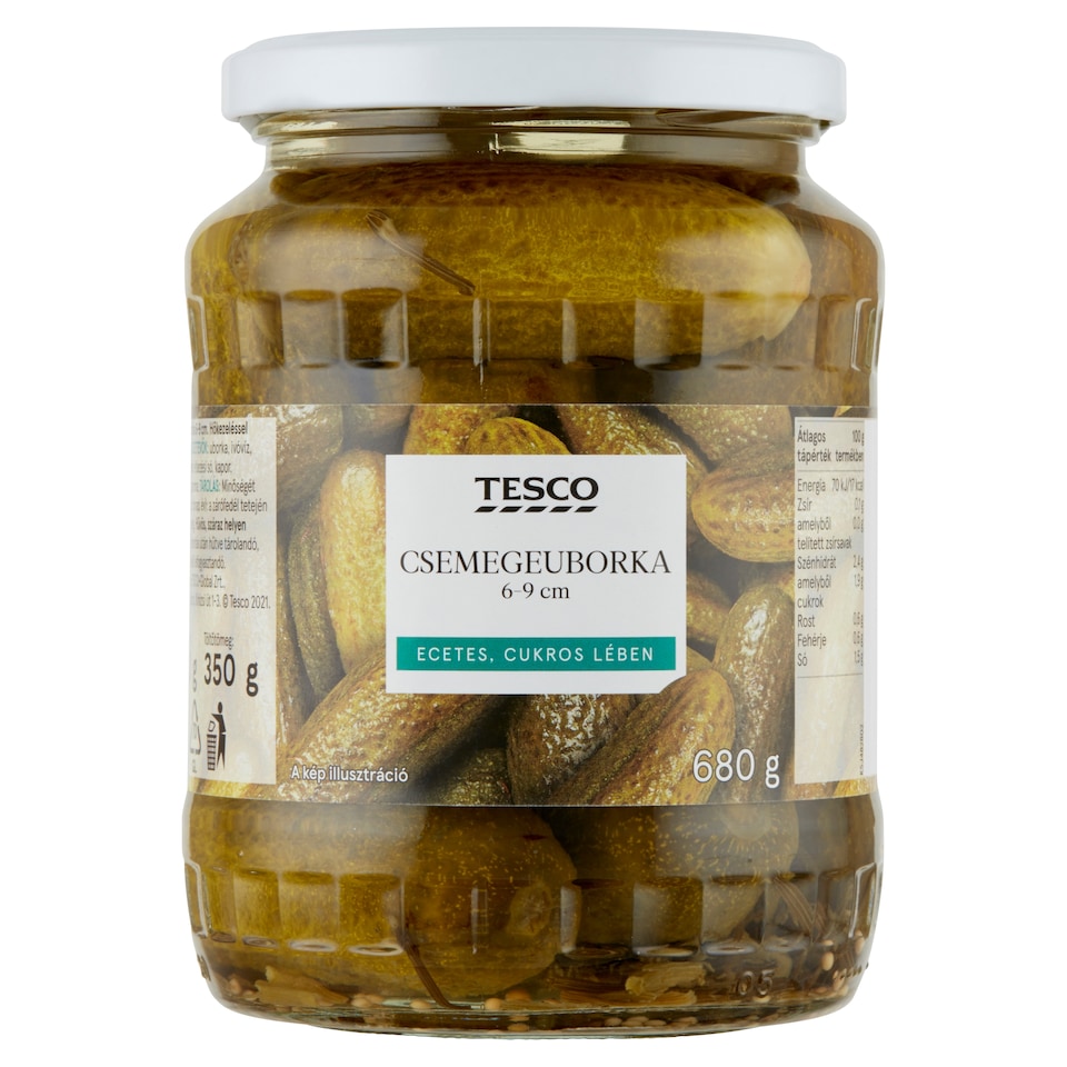 Tesco csemegeuborka ecetes, cukros lében 6-9 cm 680 g