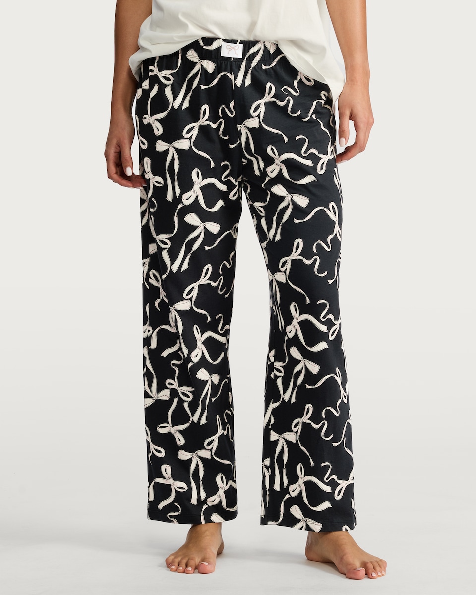 image 1 of F&F Pure Cotton Bow Print Pyjama Bottoms in Black