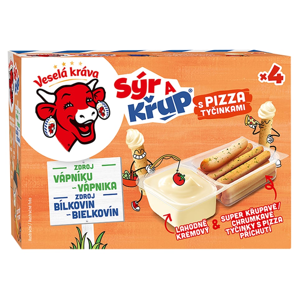 Veselá Kráva Sýr a Křup Lahodný syr & tyčinky s pizza príchuťou 4 x 35 g