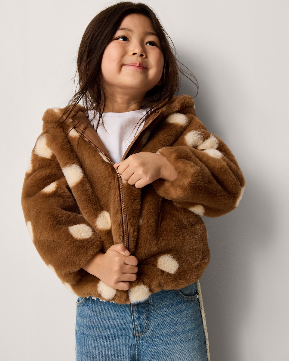 image 1 of F&F Girls Faux Fur Polka Dot Hooded Jacket in Multi Brown