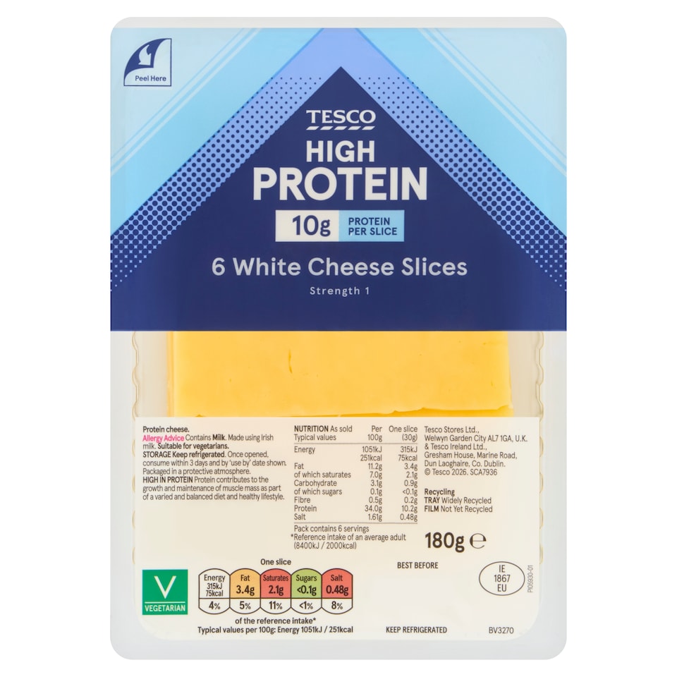 Tesco High Protein 6 White Cheese Slices 180g