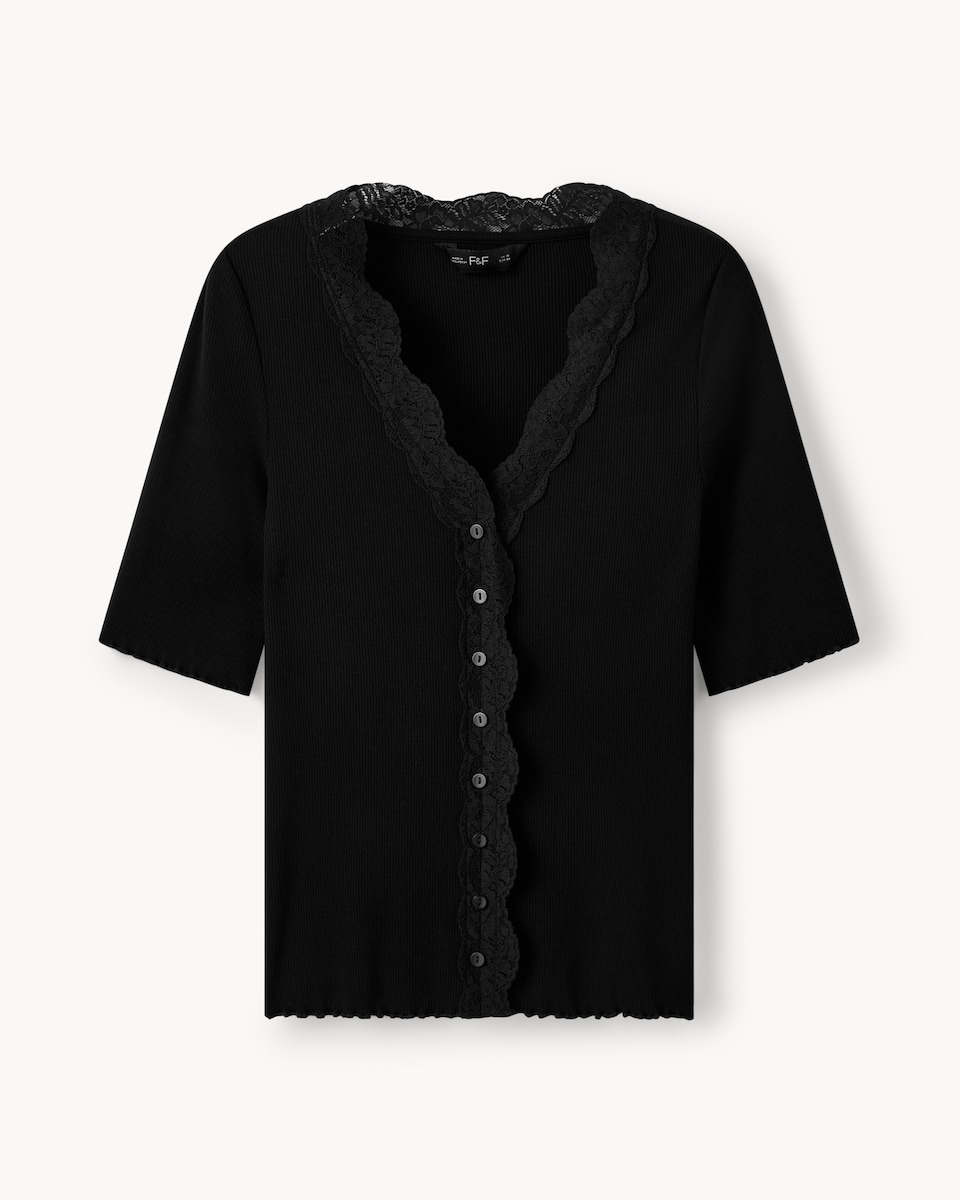 image 1 of F&F Lace Trim Button Up Top in Black