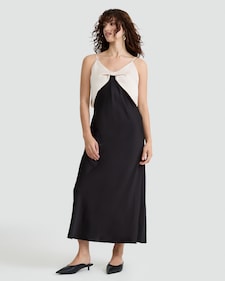 The F&F Edit Satin Bow Detail Strappy Slip Midi Dress in Black