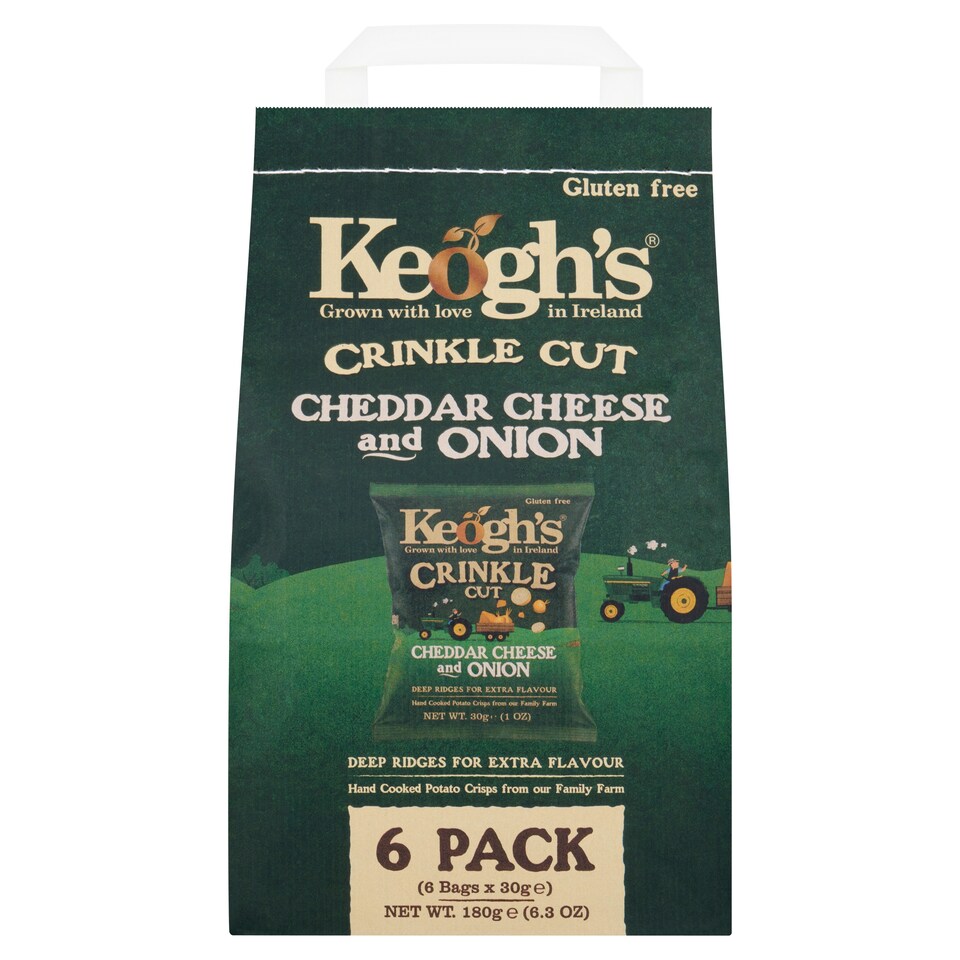 Keoghs Crinkle Cut Chedder Cheese And Onin Crisps 6 Pack 180G