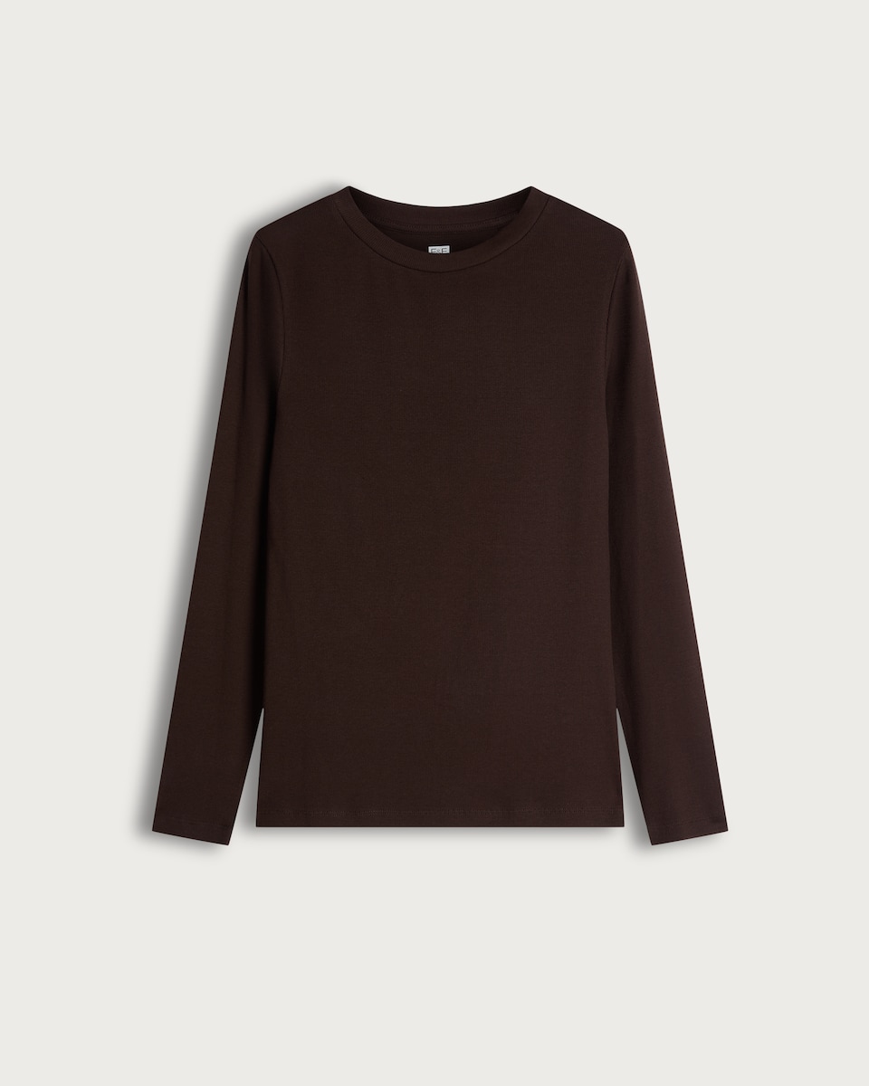image 1 of F&F Cotton Rich Crew Neck Long Sleeved Top in Brown