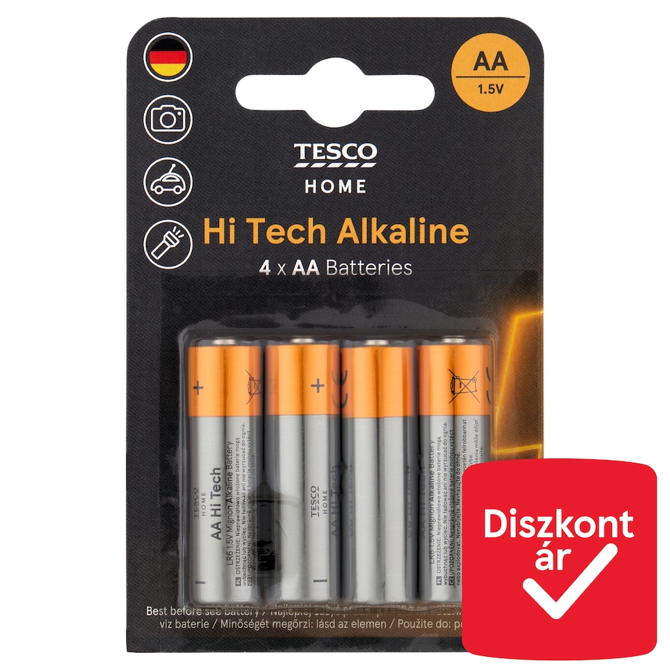 Tesco Home Hi Tech AA LR6 1,5 V nagy teljesítményű alkáli elem 4 db