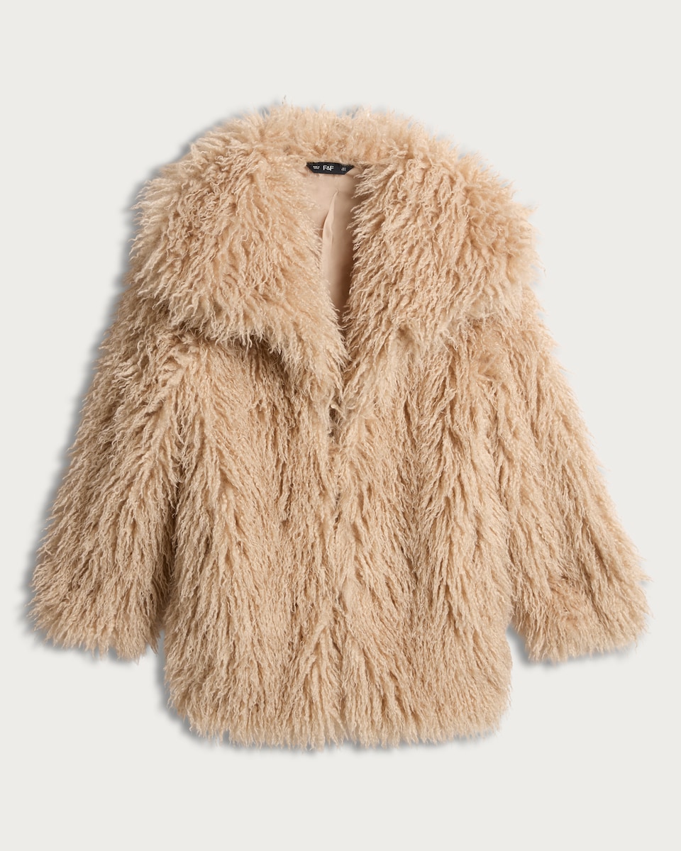 image 1 of The F&F Edit Shaggy Faux Fur Coat in Brown