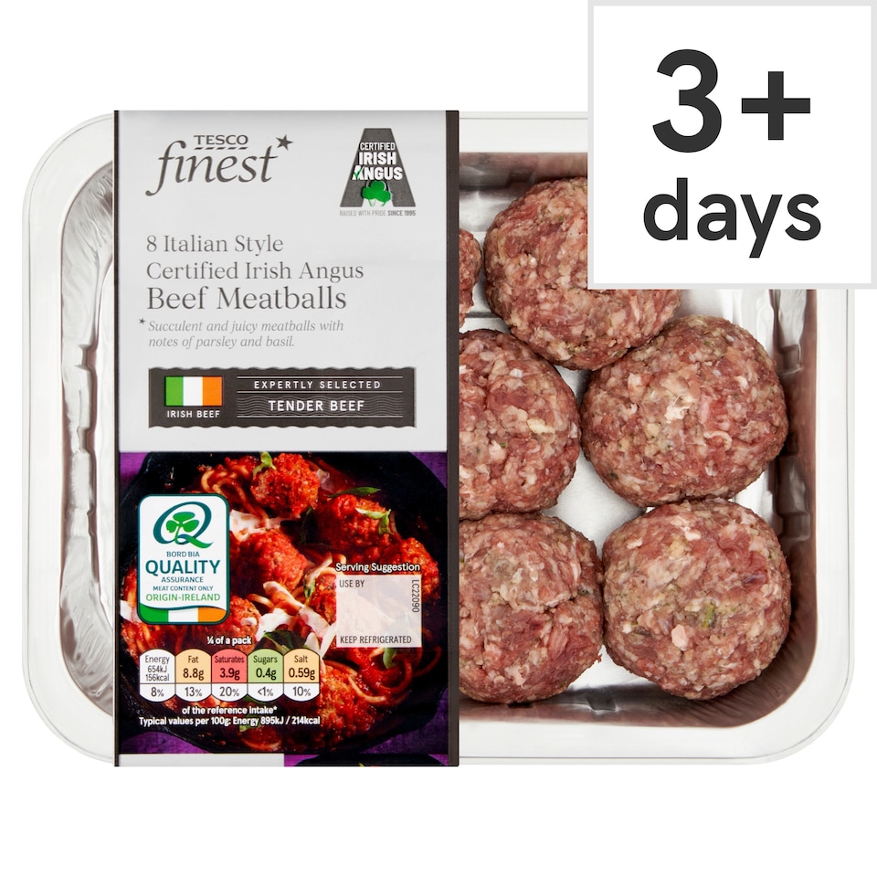 Tesco Finest 8 Italian Style Certified Irish Angus Beef Meatballs 400g