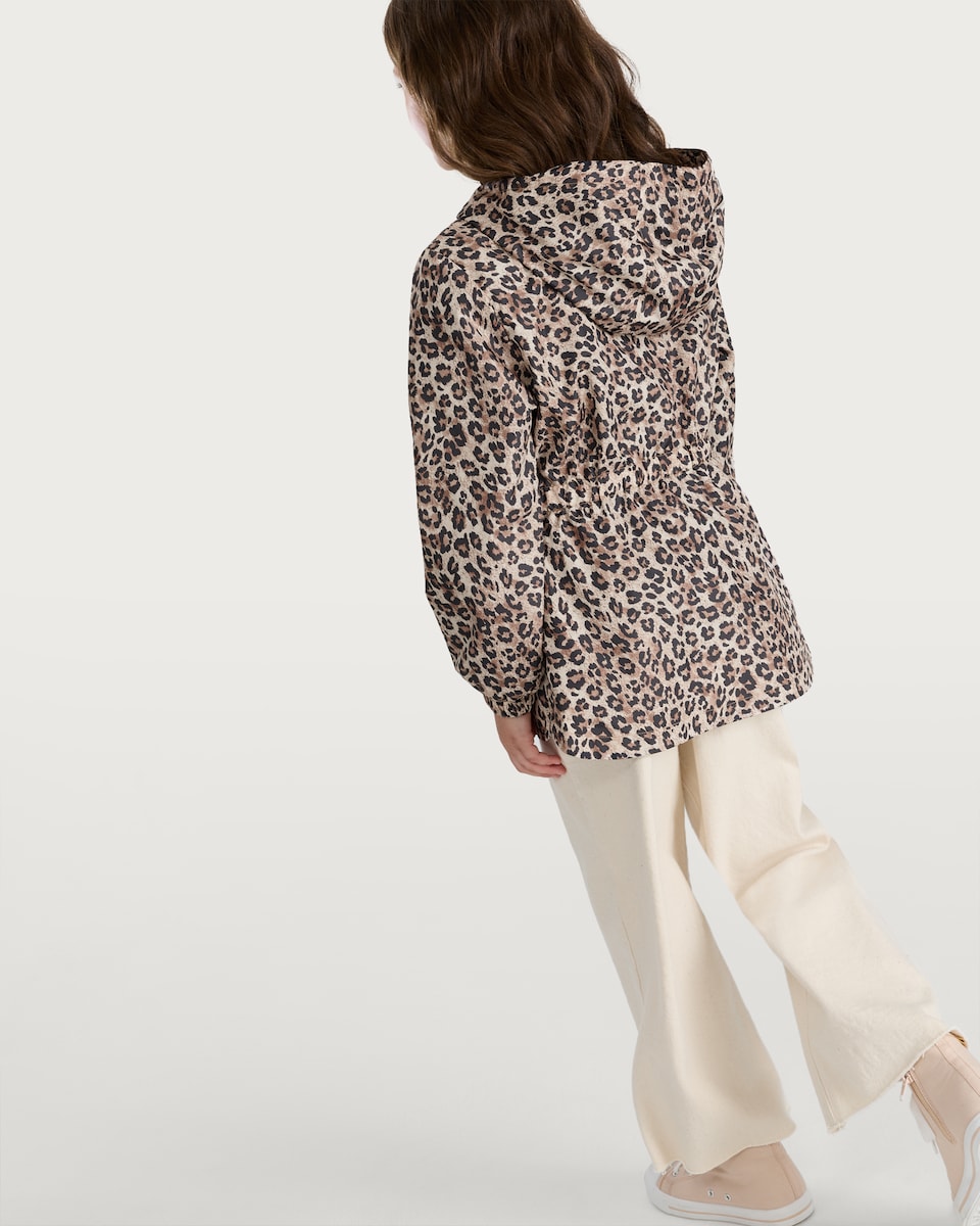 image 1 of F&F Girls Leopard Print Hooded Shower Resistant Jacket in Multi