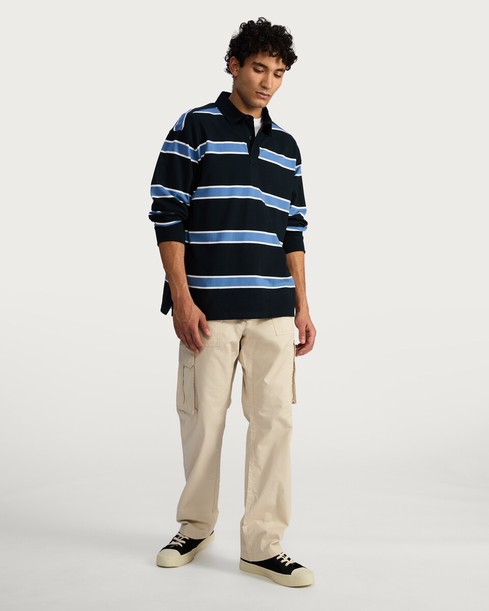 image 1 of F&F Pure Cotton Striped Long Sleeved Rugby Polo Shirt in Navy