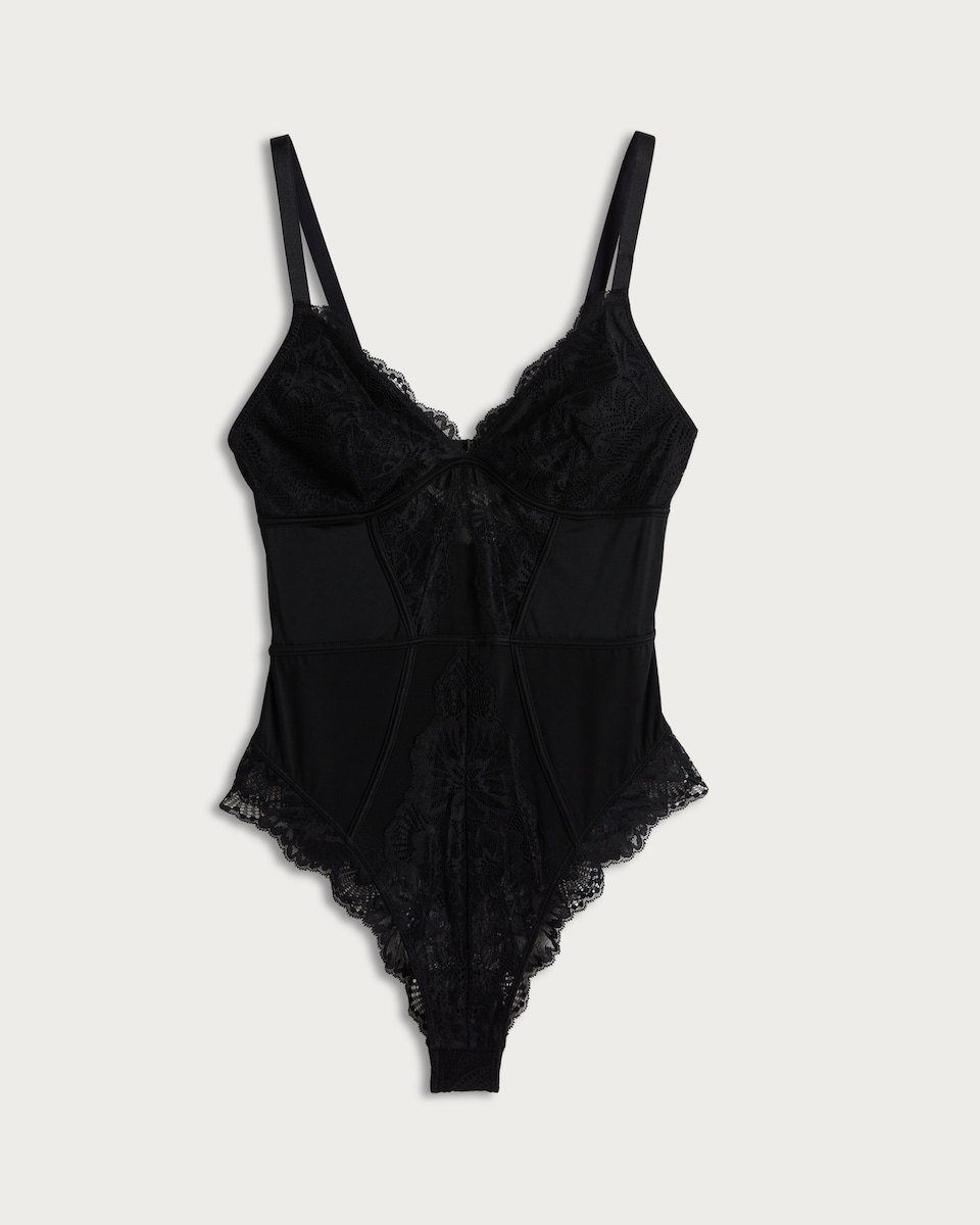 The F&F Edit Lace Panel Bodysuit in Black