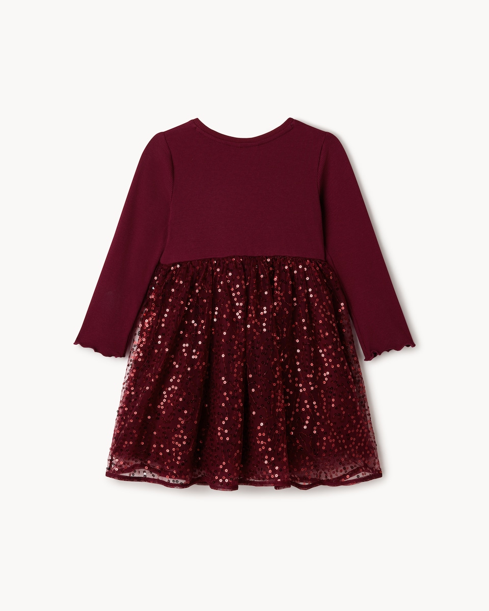 image 1 of F&F Girls Sequin Tulle Dress in Burgundy