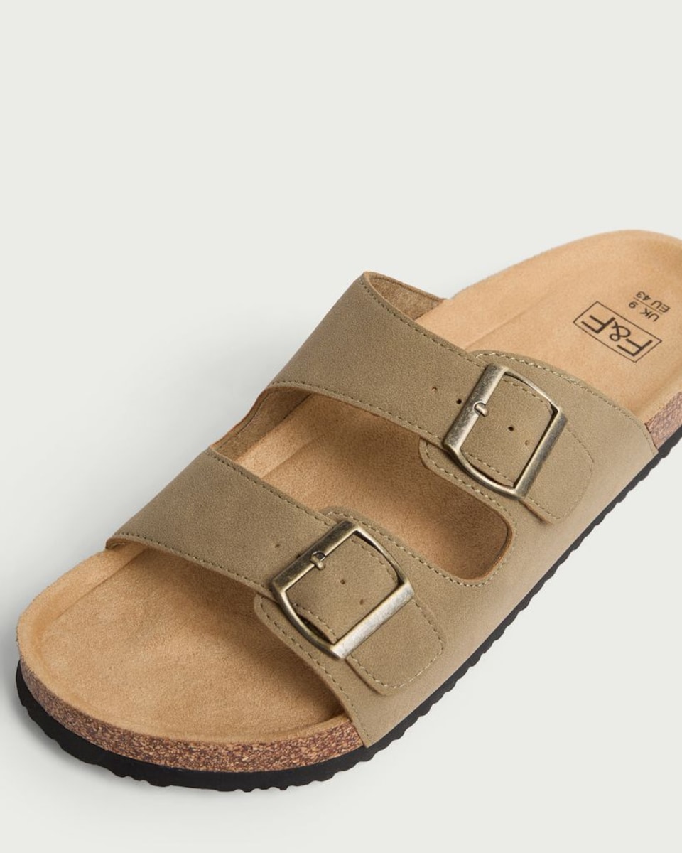 image 1 of F&F Double Buckle Footbed Sandals in Khaki