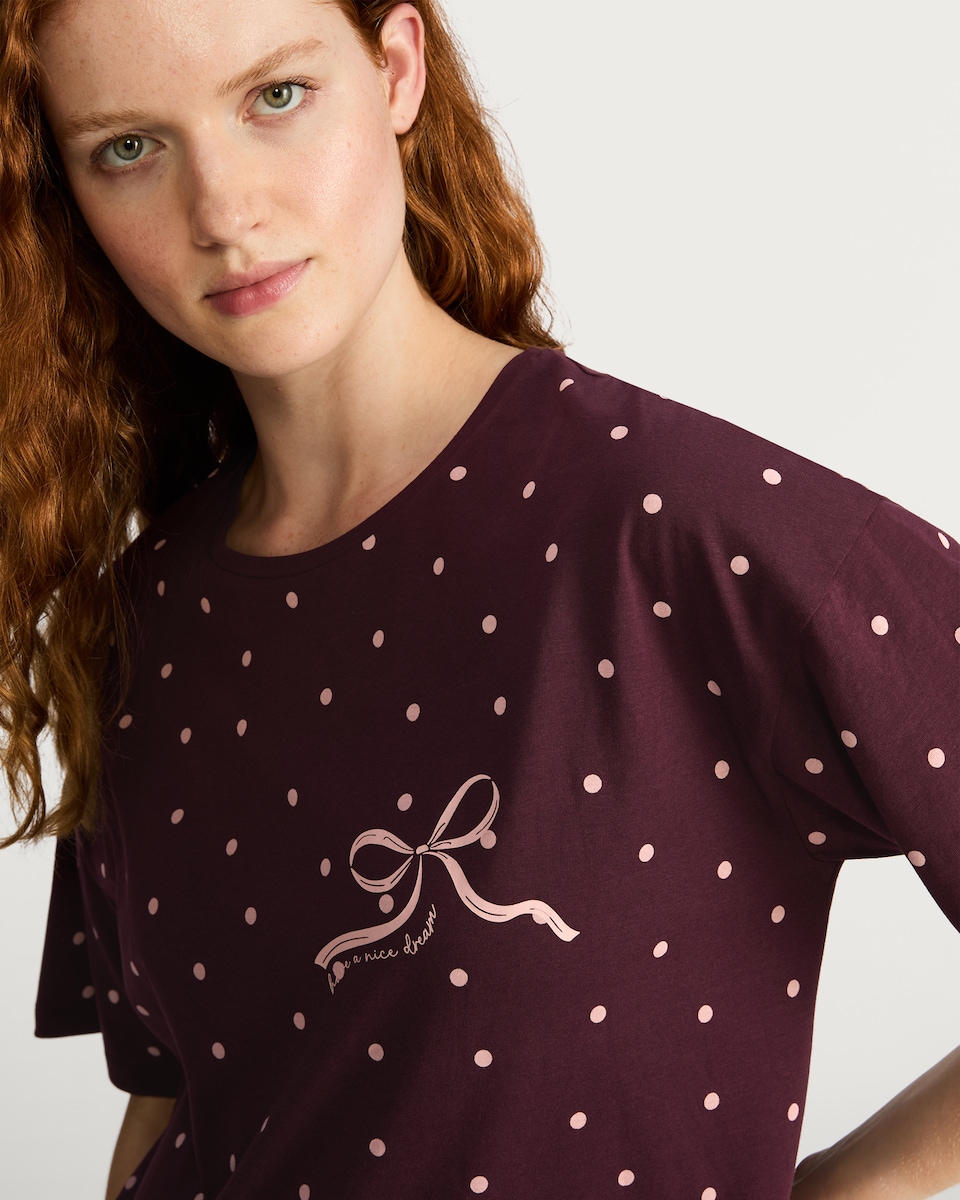 image 1 of F&F Pure Cotton Polka Dot Nightdress in Burgundy