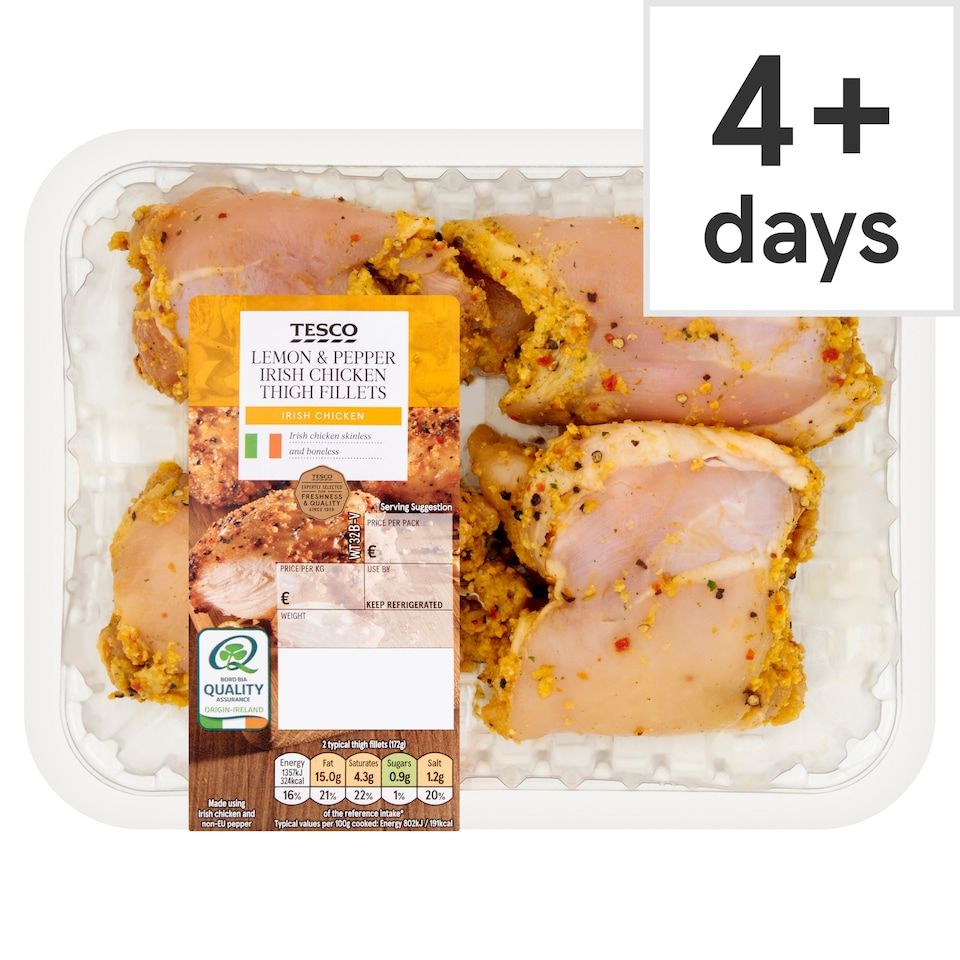 Tesco Lemon And Pepper Irish Chicken Thigh Fillets 500G