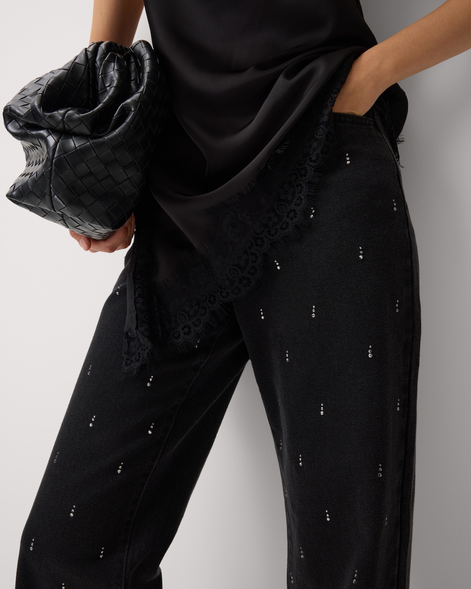 image 1 of F&F Mid Rise Embellished Straight Leg Jeans in Black