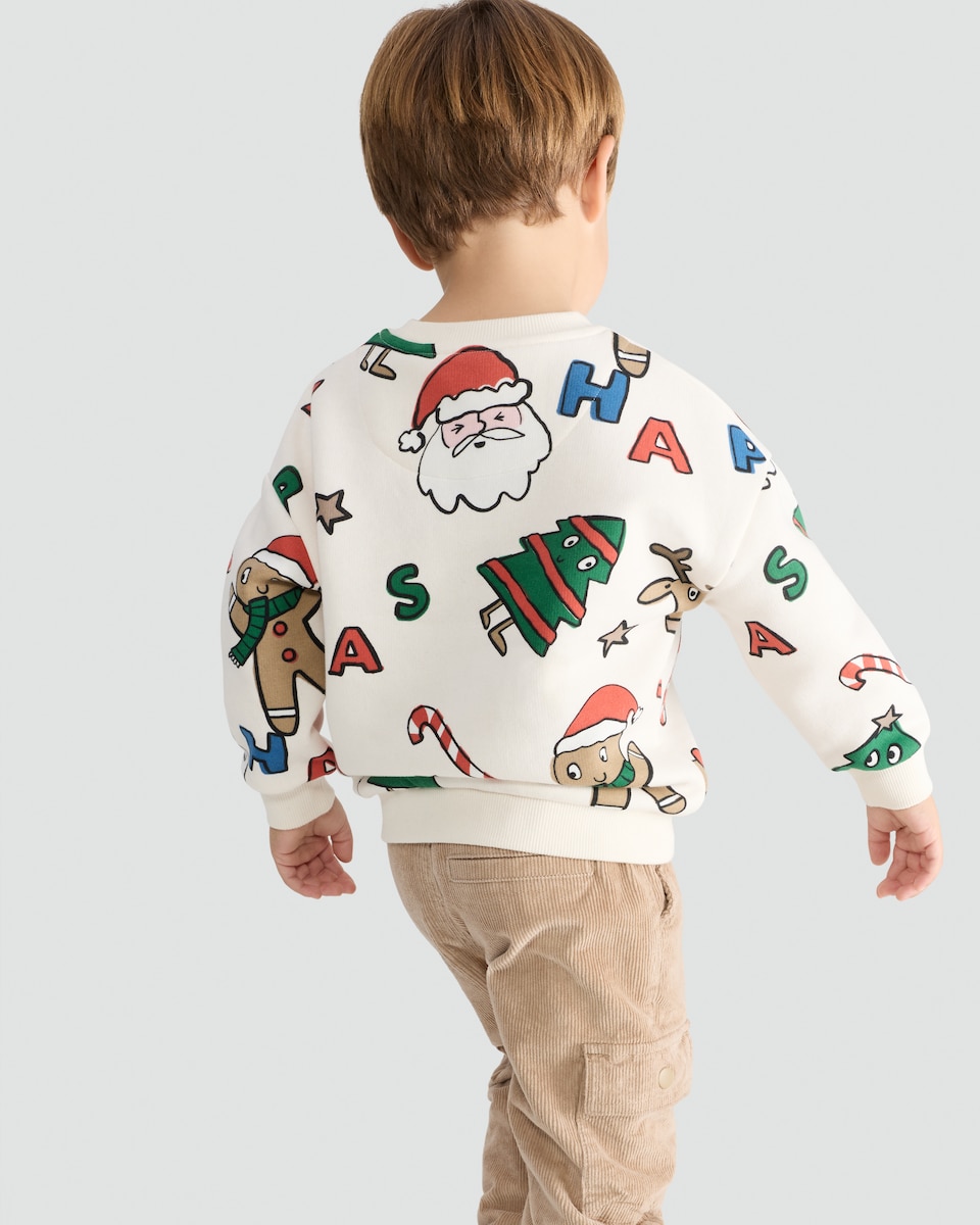 image 1 of F&F Boys Cotton Rich Christmas Motif Jumper in Cream