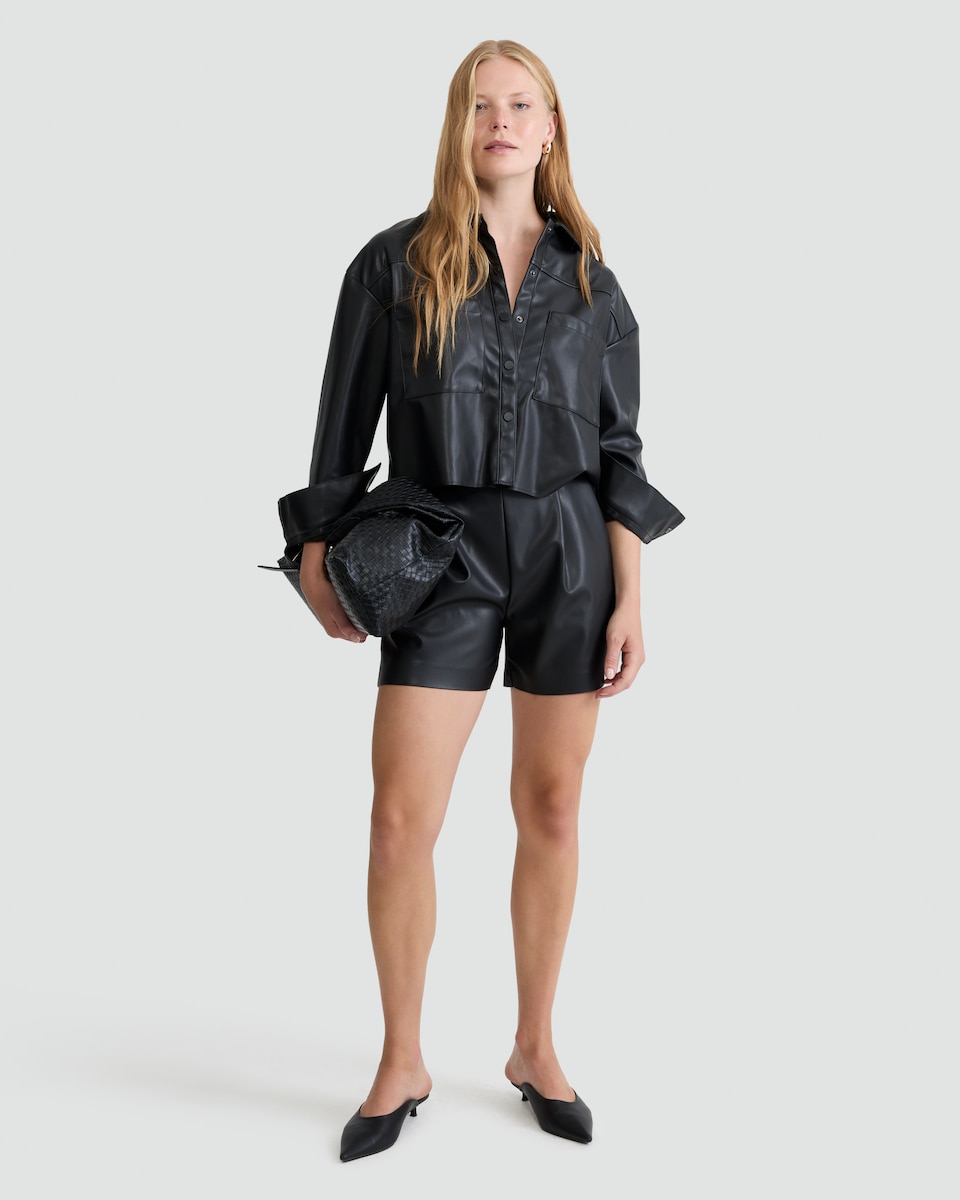image 1 of F&F Faux Leather Button Up Collared Shirt in Black
