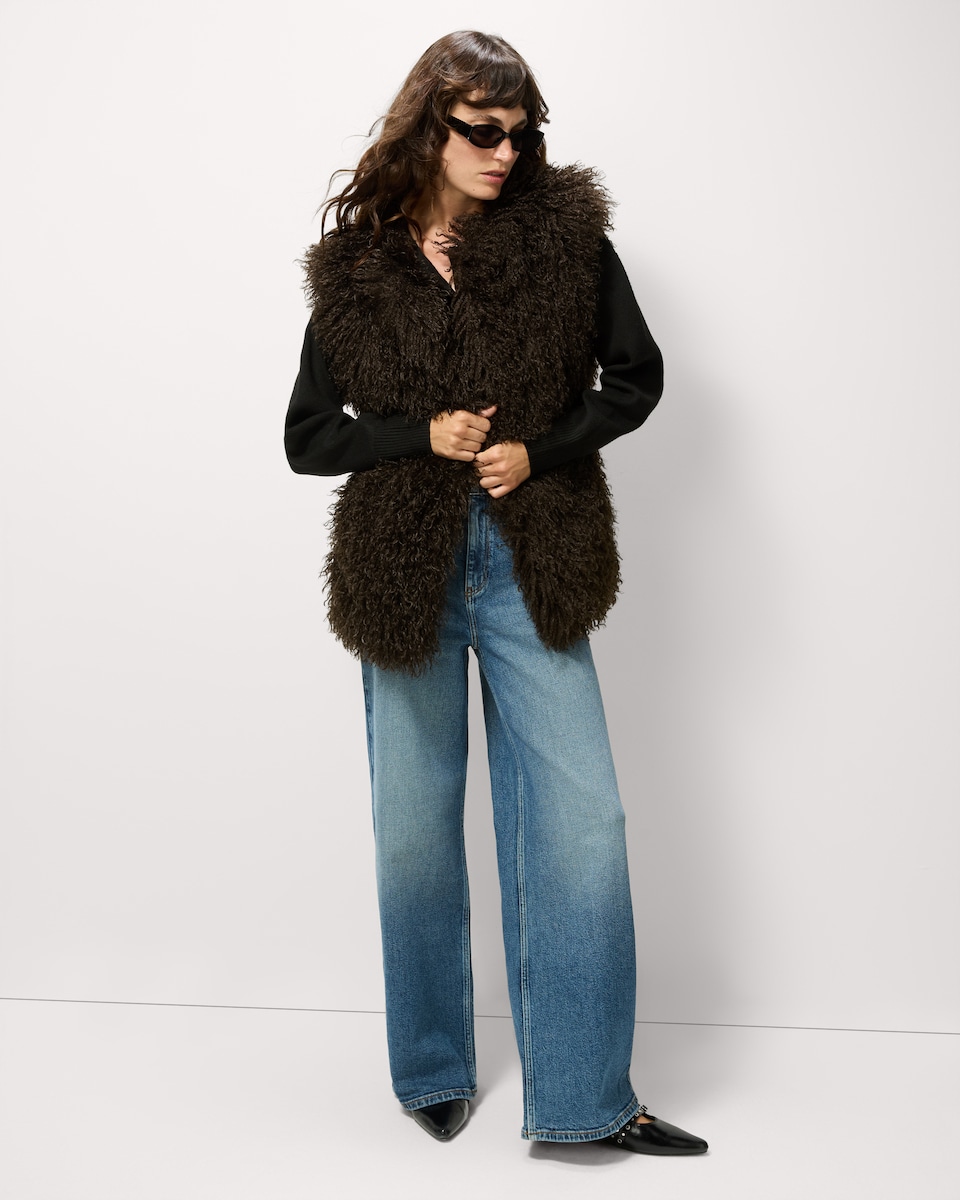 image 1 of F&F Crinkle Faux Fur Gilet in Brown