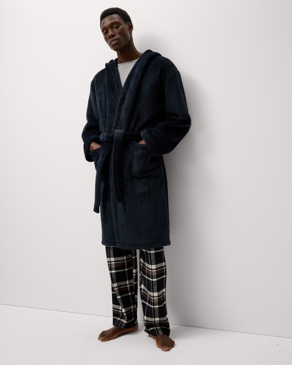 image 1 of F&F Fleece Bonded Herringbone Hooded Dressing Gown in Navy