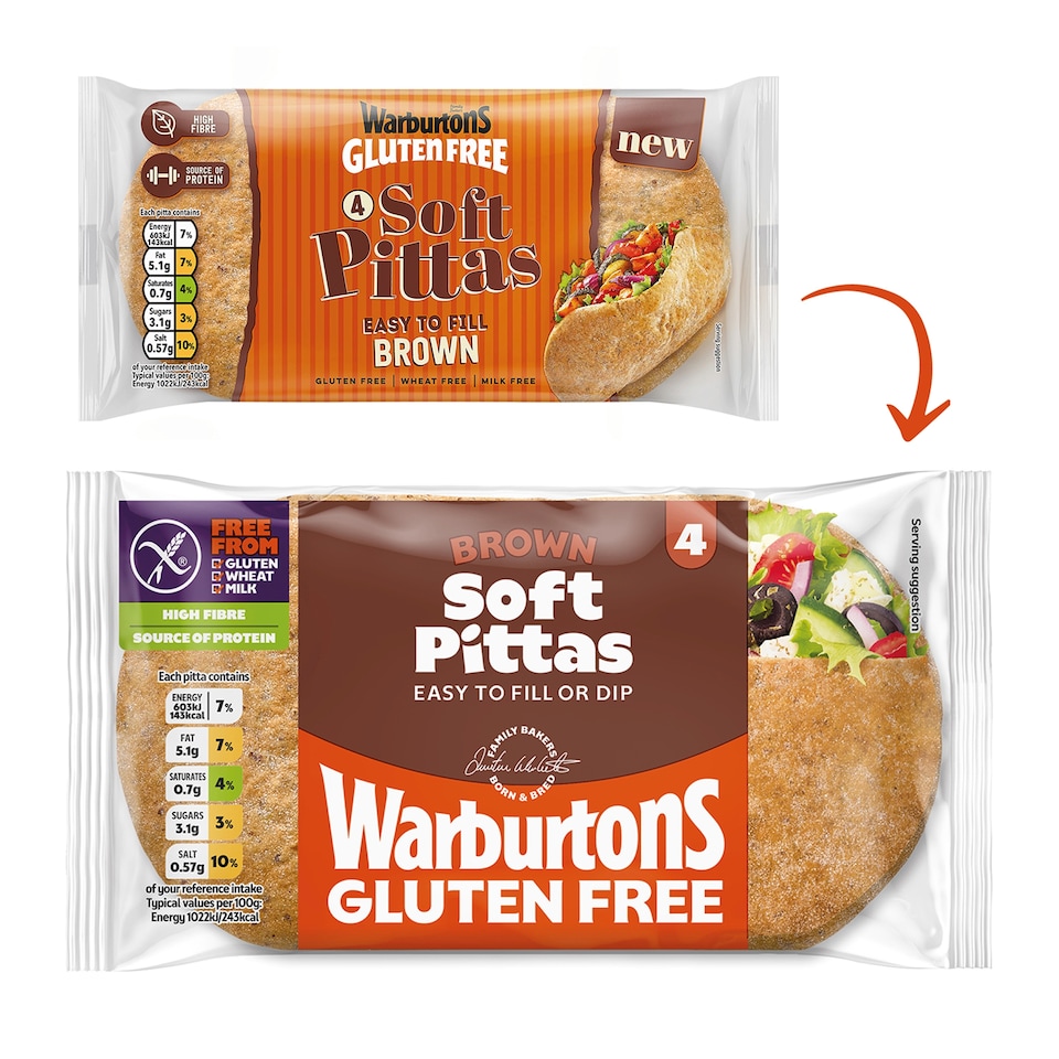 image 1 of Warburtons Gluten Free 4 Soft Brown Pittas