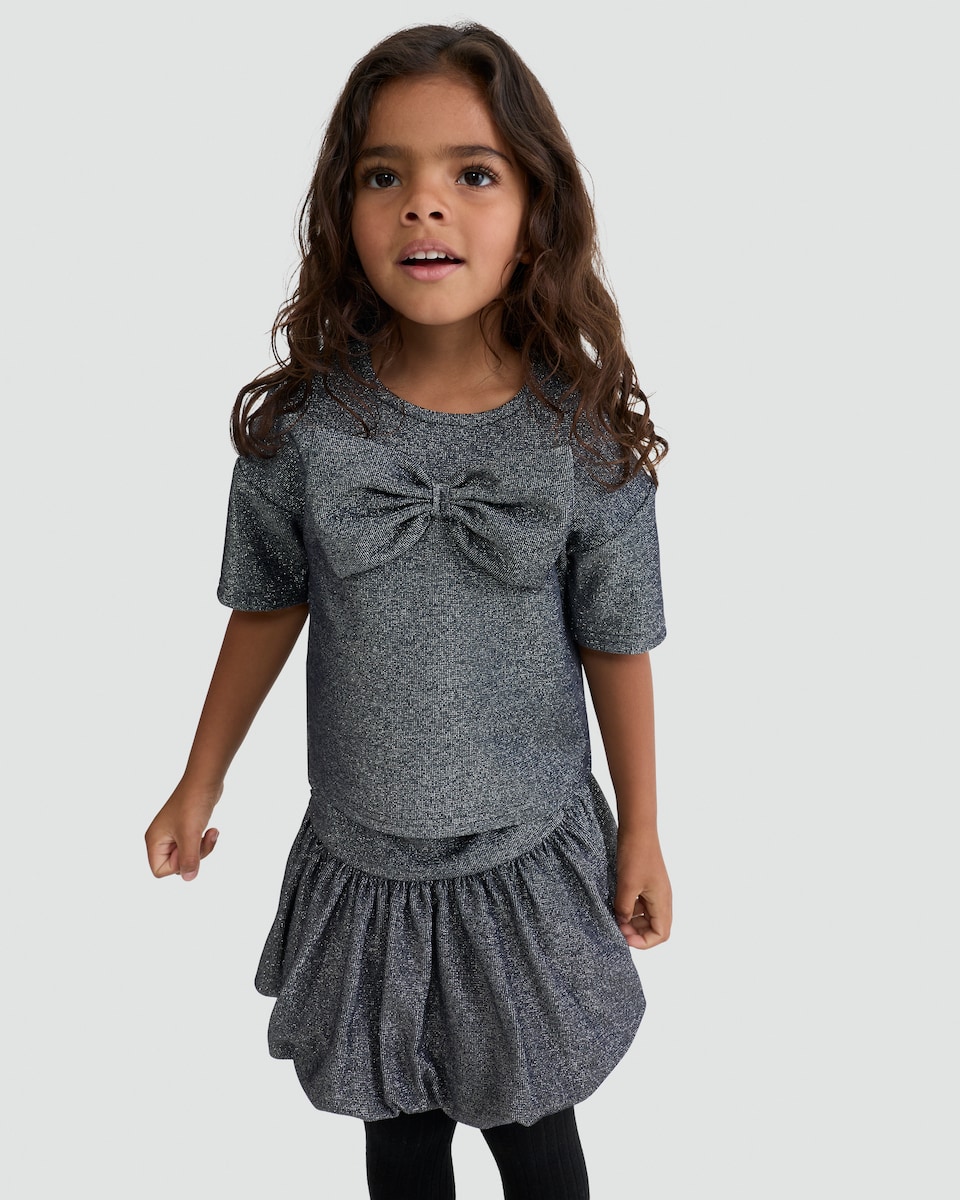 image 1 of F&F Girls 2-Piece Sparkle Bow Top and Skirt Set in Black
