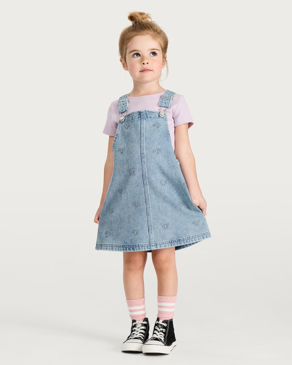 image 1 of F&F Girls Cotton Rich Denim Pinafore and T-Shirt Set in Multi Blue