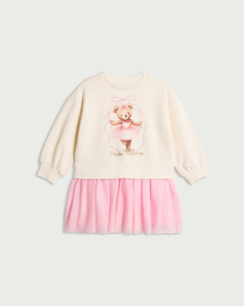 image 1 of F&F Girls Cotton Rich Bear Ballerina Sweater Dress in Cream