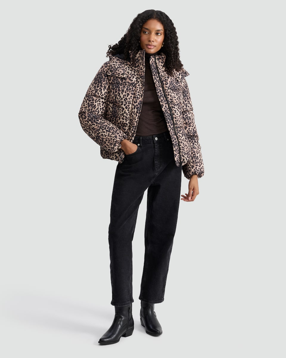 image 1 of F&F Leopard Print Shower Resistant Puffer Jacket in Multi Brown