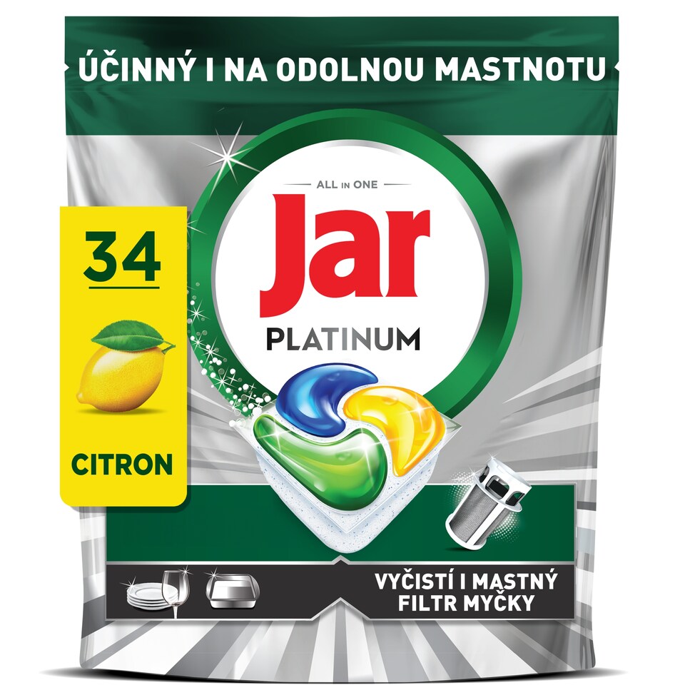 Obrázek 1 pro produkt Jar Platinum Kapsle Do Myčky Nádobí, Lemon, , 34 Kapsle,  Zvládá Náročné Výzvy, Čistí Mastný Filtr