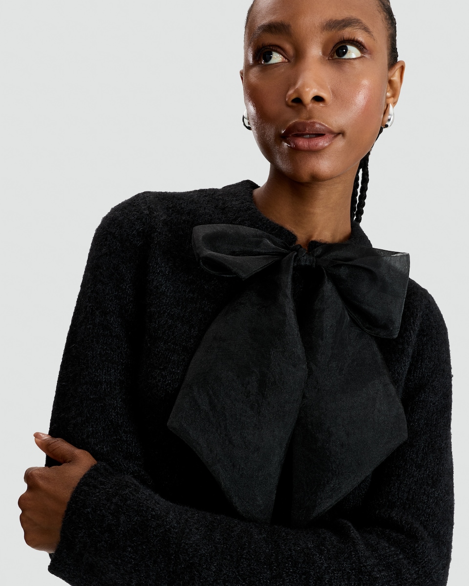 image 1 of The F&F Edit Textured Bow Detail Cardigan with Wool in Black