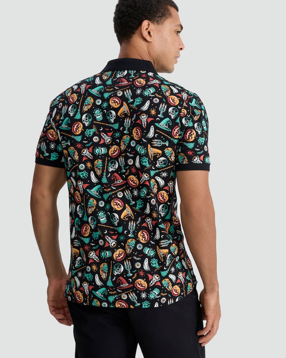 image 1 of F&F Pure Cotton Halloween Print Polo Shirt in Black
