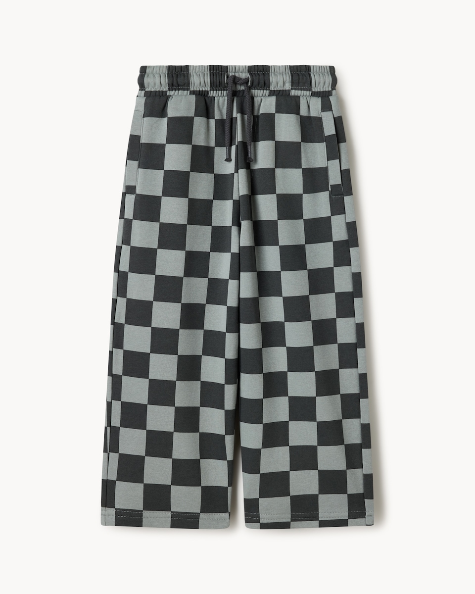 image 1 of F&F Boys Cotton Rich Checked Wide Leg Joggers in Grey