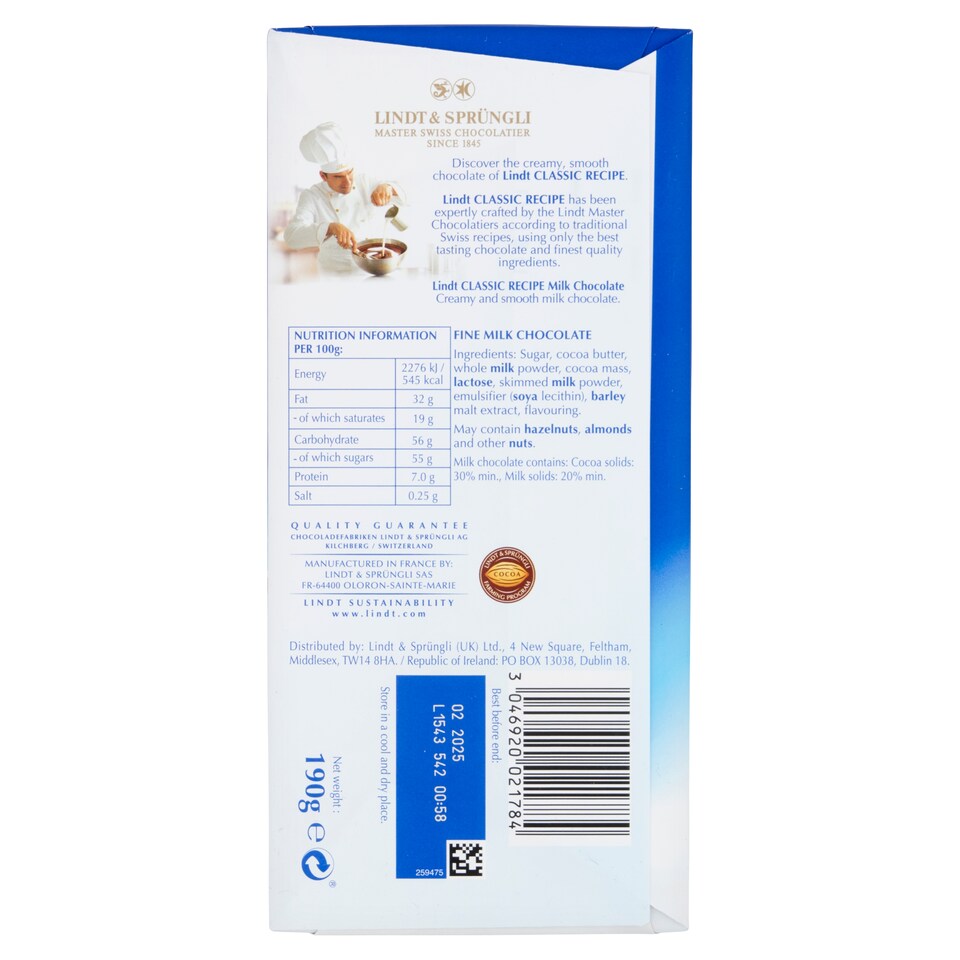image 1 of Lindt Classic Recipe Milk Chocolate Bar 190g