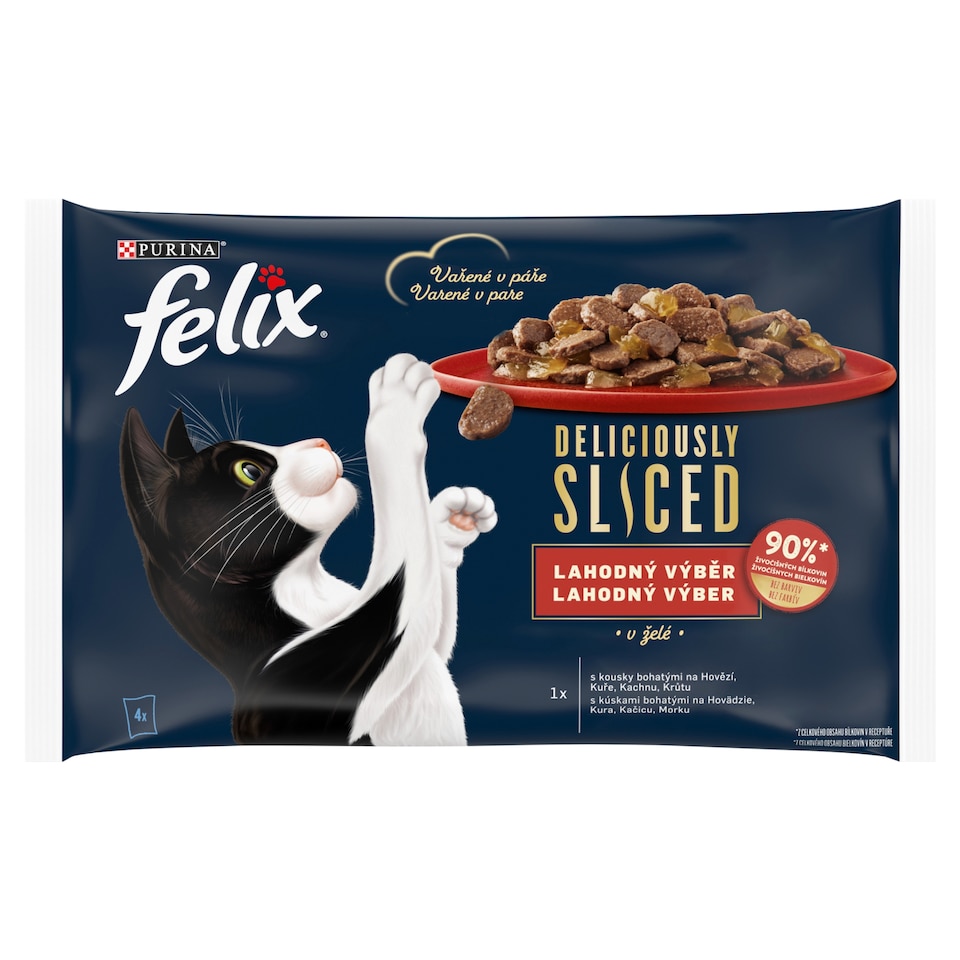 obrázok 1 z Felix Deliciously Sliced kapsičky pre mačky hovädzie, kura, kačica, morka v želé 4 x 80 g