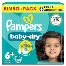 Pampers Baby-Dry Size 6+, 60 Nappies, 14kg-19kg, Jumbo+ Pack